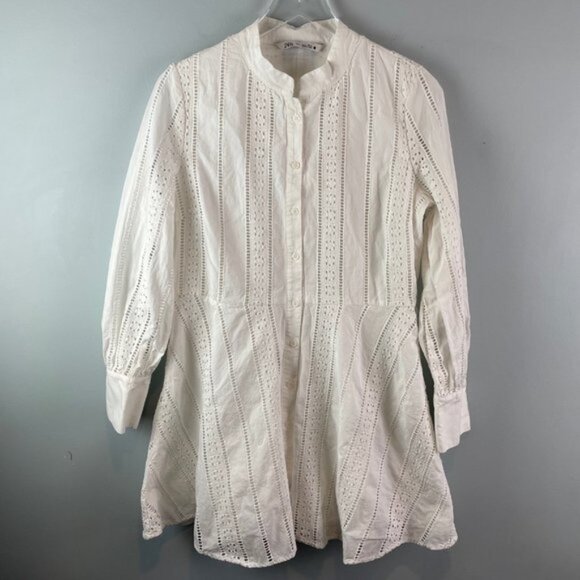 ZARA Embroidered Eyelet Mini Dress Oyster White Size XL - Picture 1 of 7